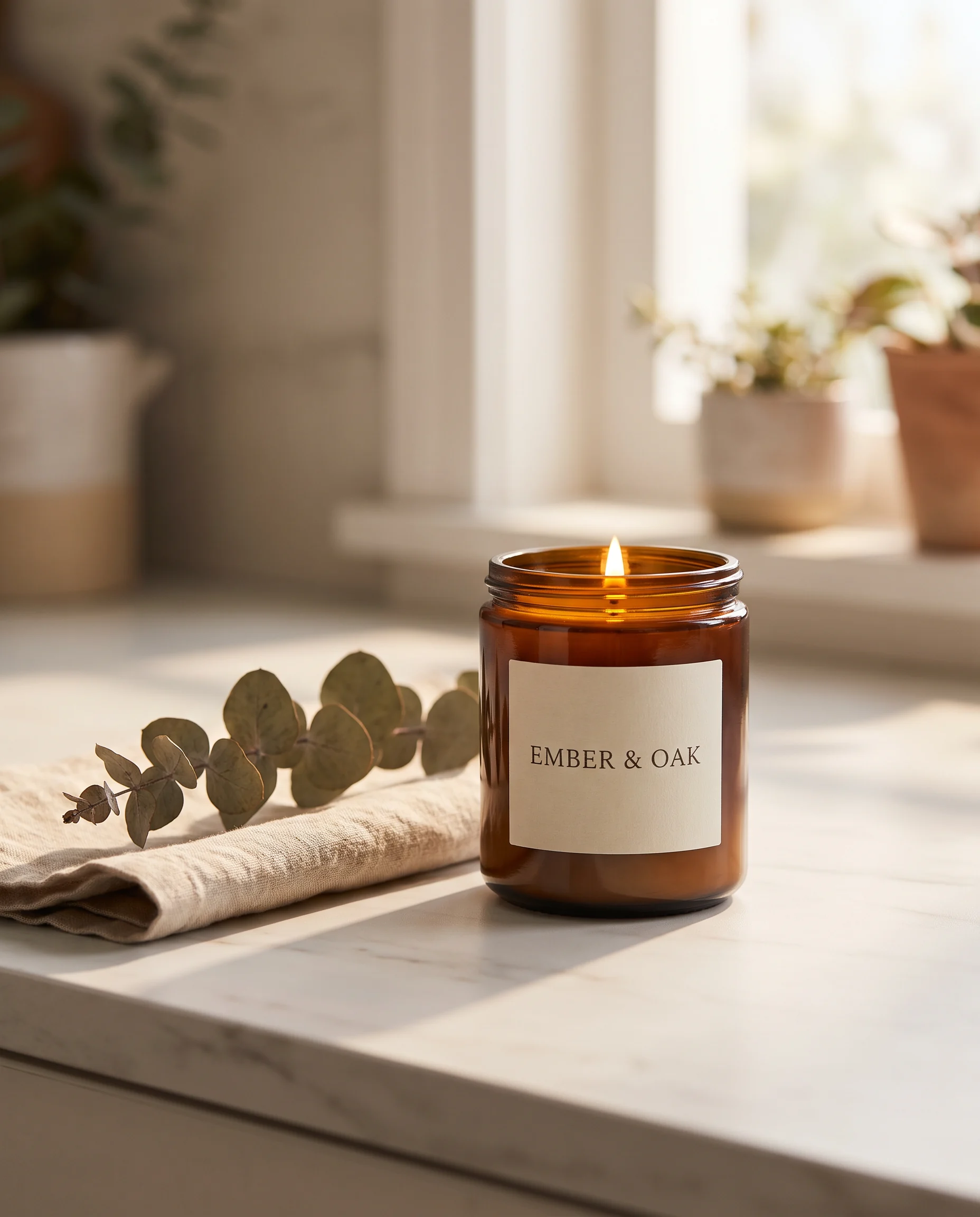 Ember and Oak candle on marble in morning light