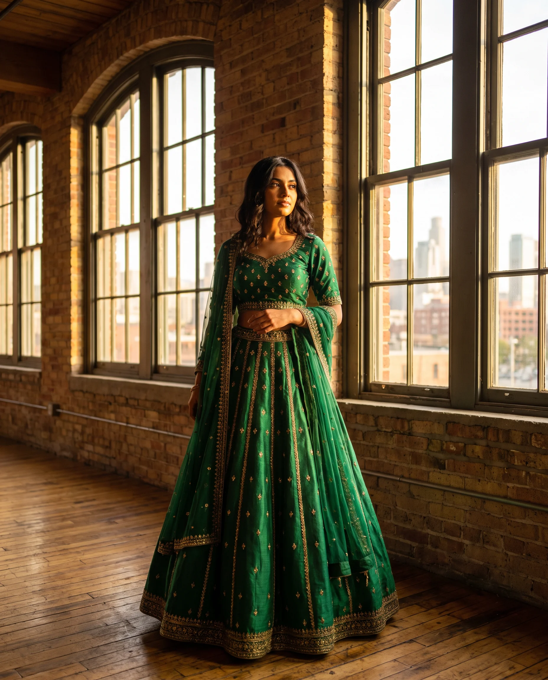 Model in an emerald lehenga in a sunlit loft