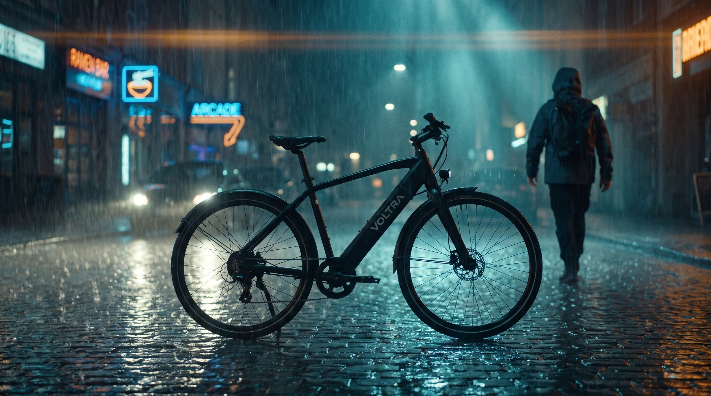 Voltra e-bike on a rainy street at night