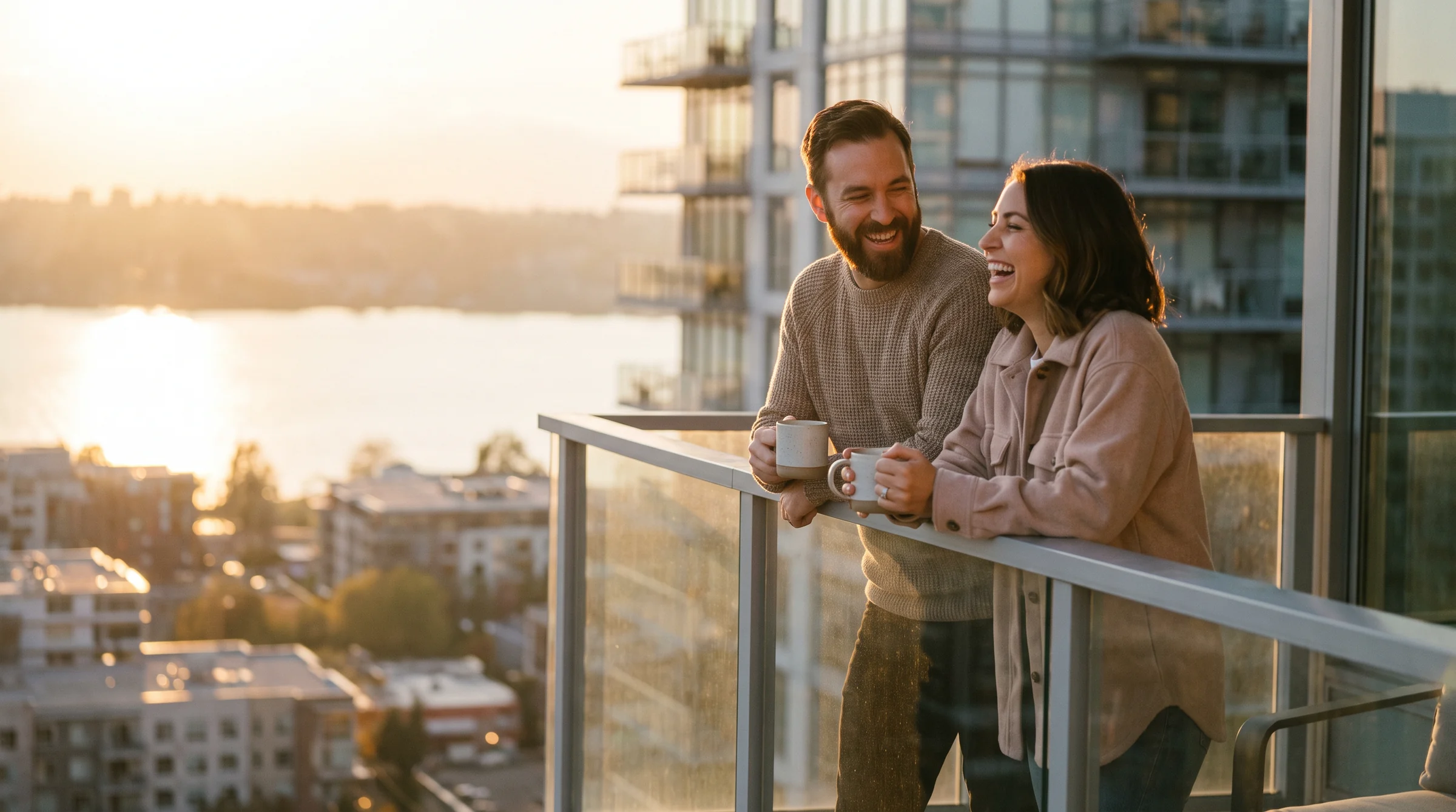 Couple on a condo balcony at golden hour