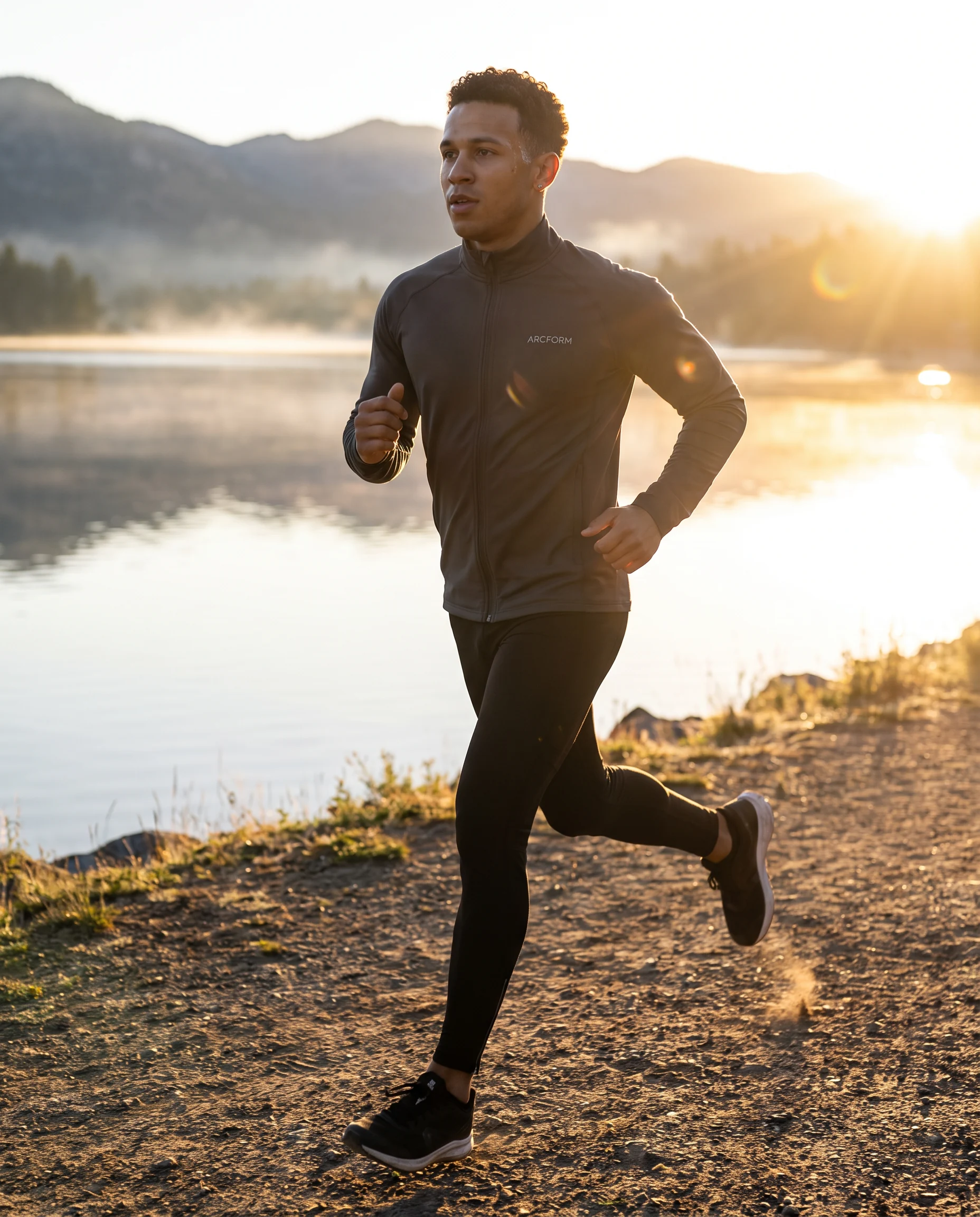 The same ambassador running by a lake at sunrise